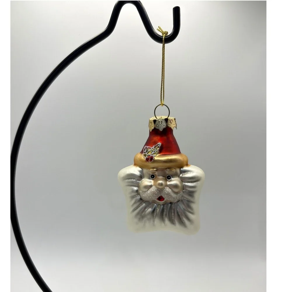 Vintage Blown Glass Santa Star Christmas Ornament Red Hat Glitter Retro Mercury